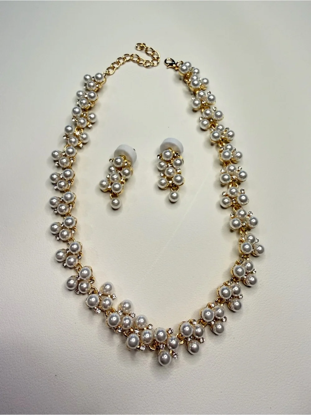 Pearl Cluster Necklace and Drop Earrings set - Ivory and Gold